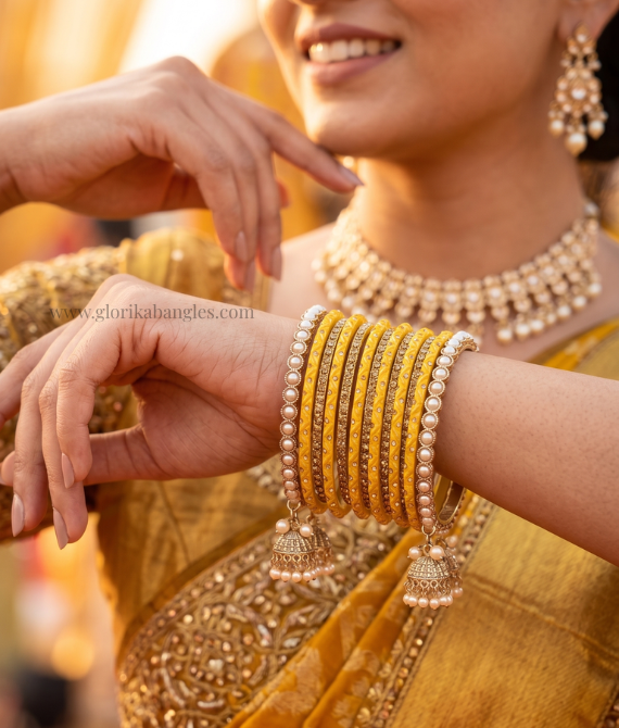 Haldi Glow Yellow Glass Pearl Bangle Set